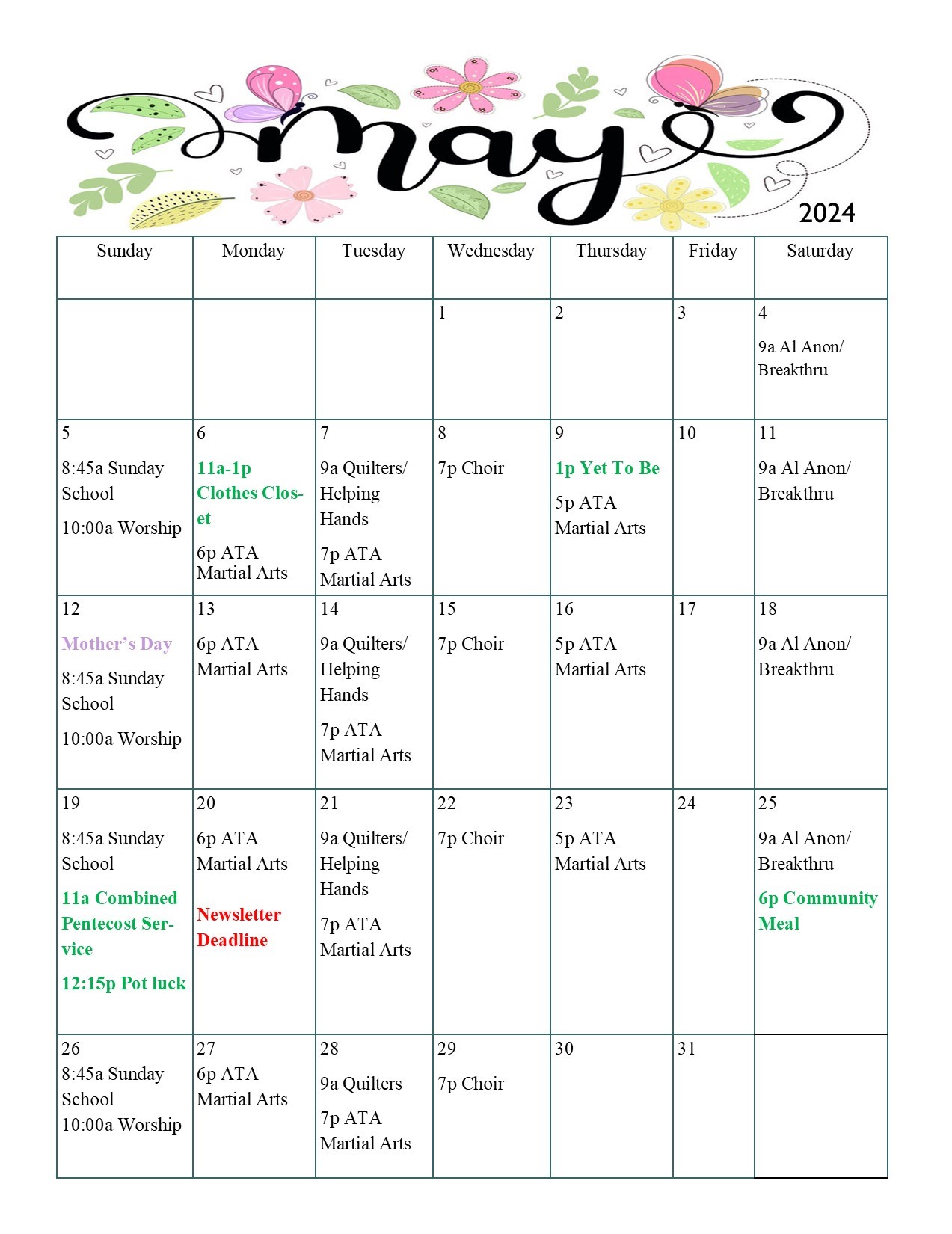 March Newsletter Calendar