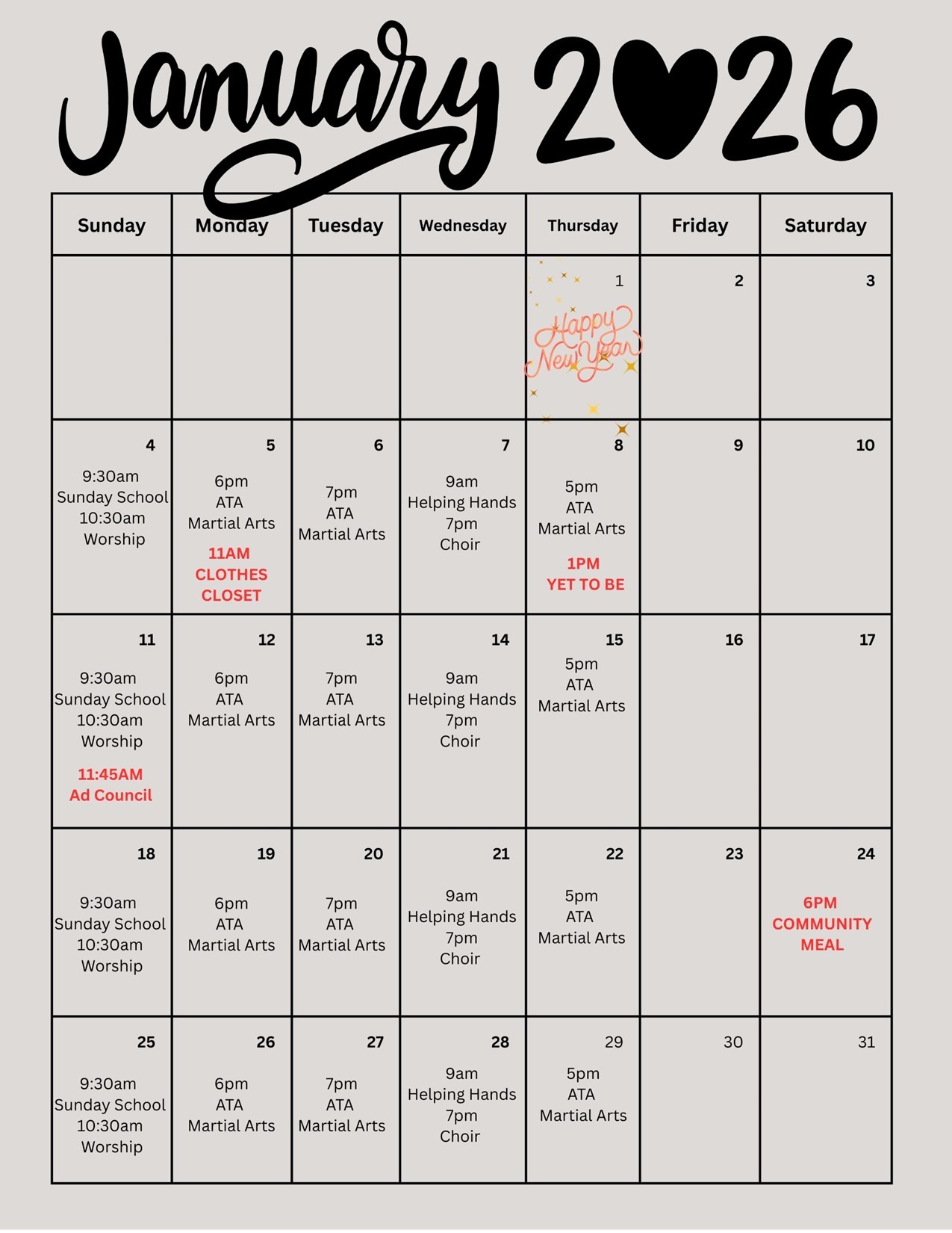 January 2026 CALENDAR