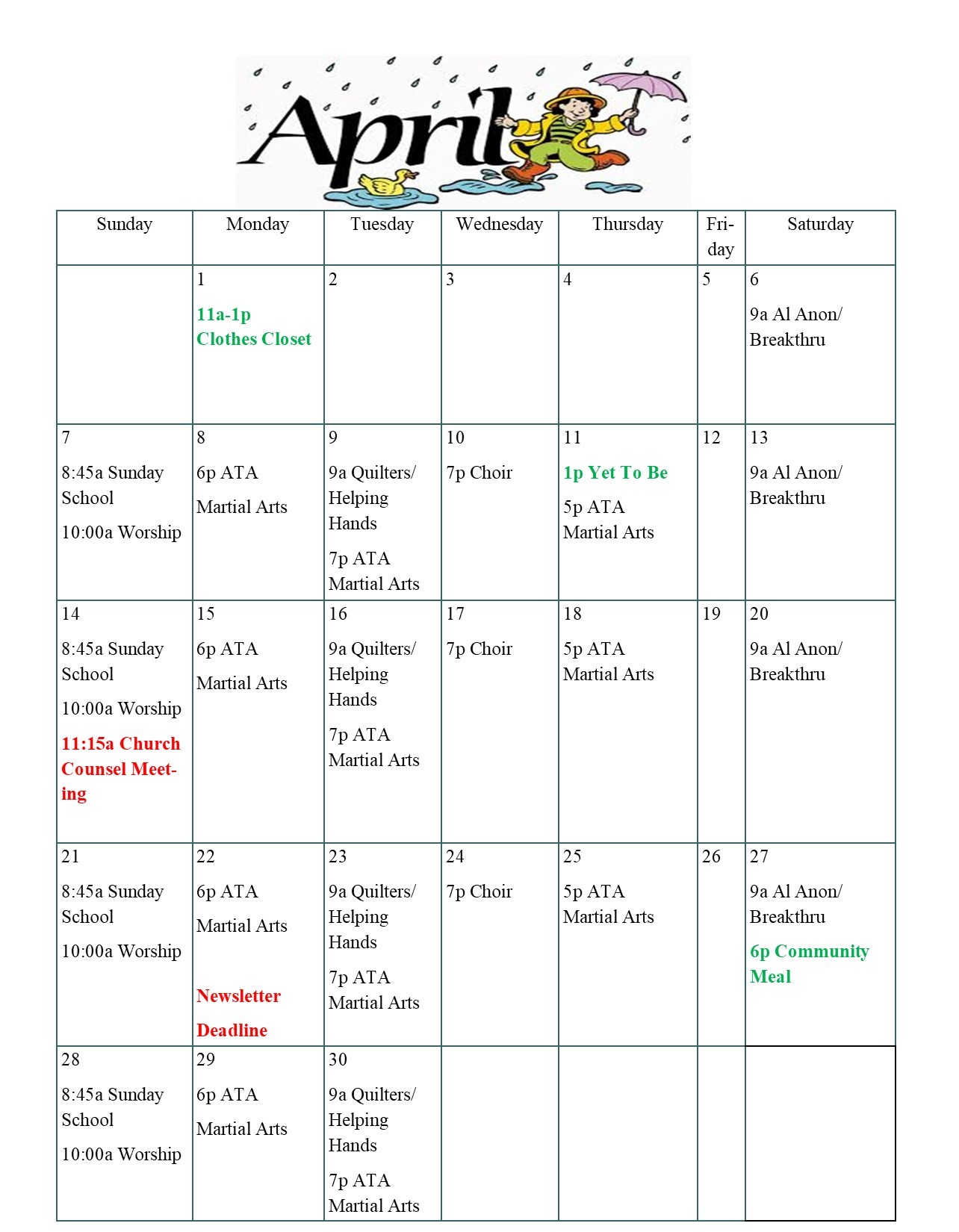 March Newsletter Calendar